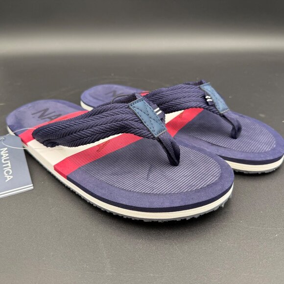 Nautica Mens Eccen Flip Flops Size 9 Navy Blue Red White Striped Sandals - Picture 1 of 5